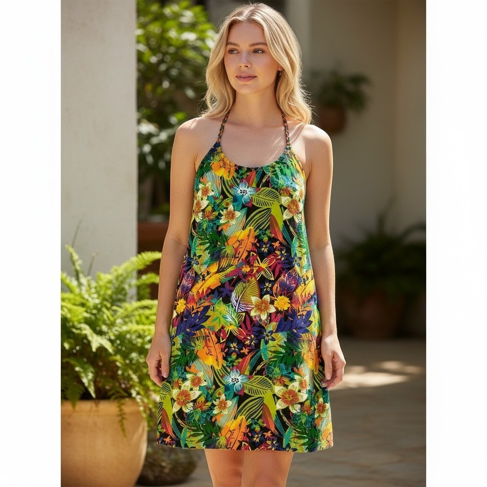 Palm Island Tropical Floral Braided Racerback Mini Dress Macrame Wood Ring Large